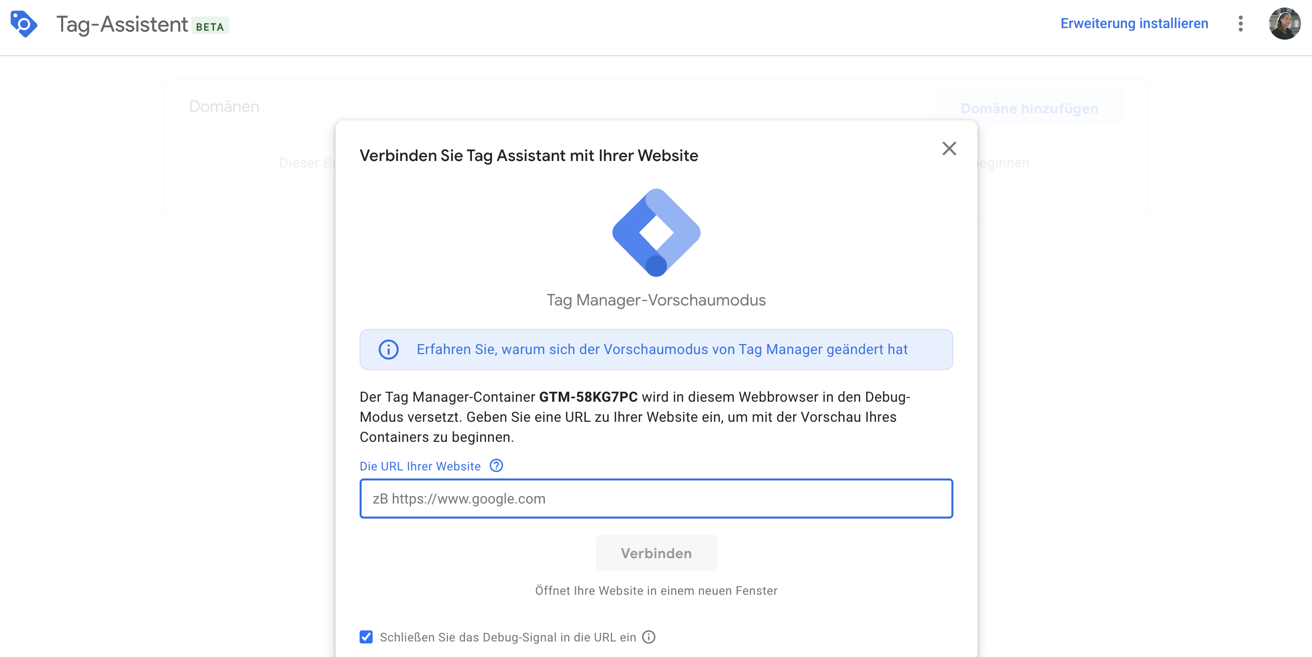 Googel Tag Manager Assistant mit Website verbinden
