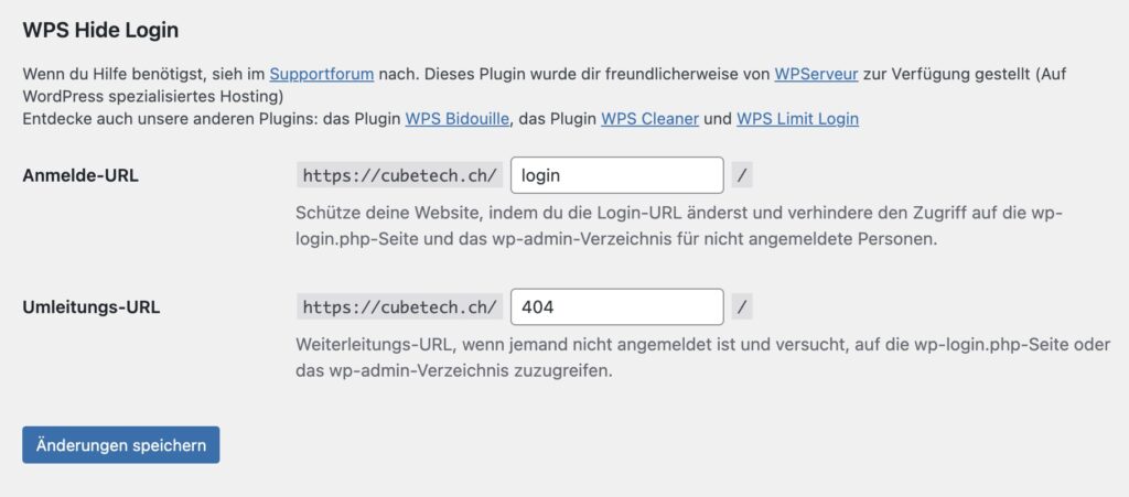 WPS Hide Login Einstellungen