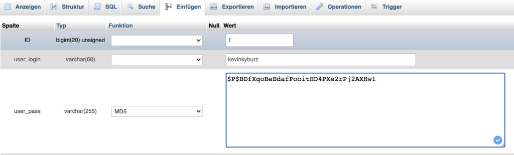 phpMyAdmin Datenbank WordPress Passwort